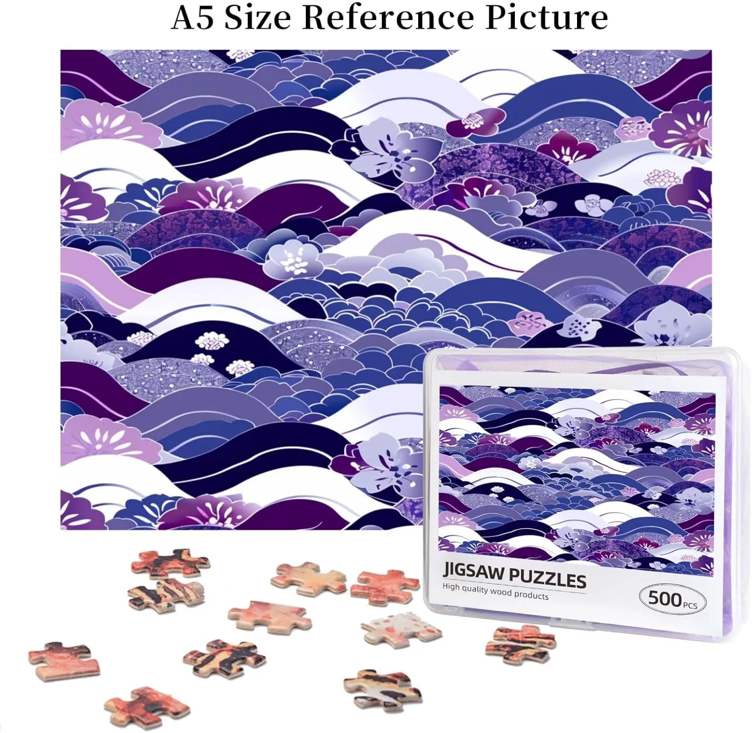 Wooden Jigsaw Puzzles 500 Pieces Japanese Fish Scale Waves Puzzle Leisure for Adults Jigsaw Challenging Creative Educational Intellectual Decompressing Family Games Toy Gift