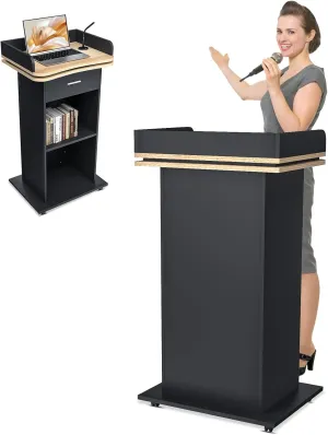 Wooden Podium with Large 3 Levels of Storage, 43" Modern Wood Podium with Wheels, Pulpits for Churches Portable Lectern Stand with Mic Hole for Churches, Office, School,Conference, Meeting