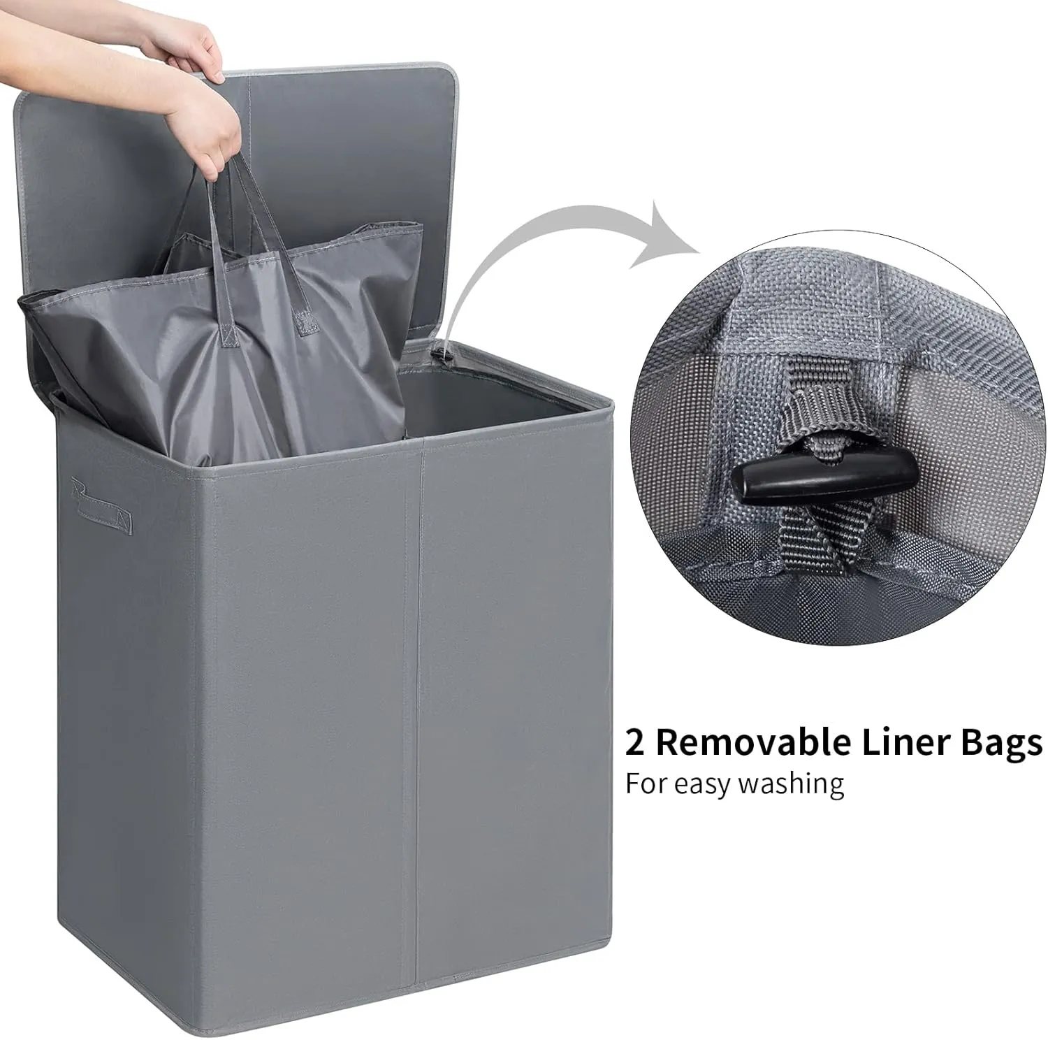 WOWLIVE 154L Double Laundry Hamper with Lid and Removable Laundry Bags, Large Dirty Clothes Hamper 2 section Collapsible Laundry Basket Dorm Room Storage for Bedroom, Bathroom, College,Grey