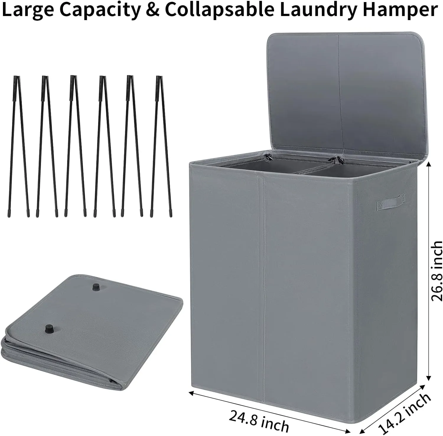 WOWLIVE 154L Double Laundry Hamper with Lid and Removable Laundry Bags, Large Dirty Clothes Hamper 2 section Collapsible Laundry Basket Dorm Room Storage for Bedroom, Bathroom, College,Grey
