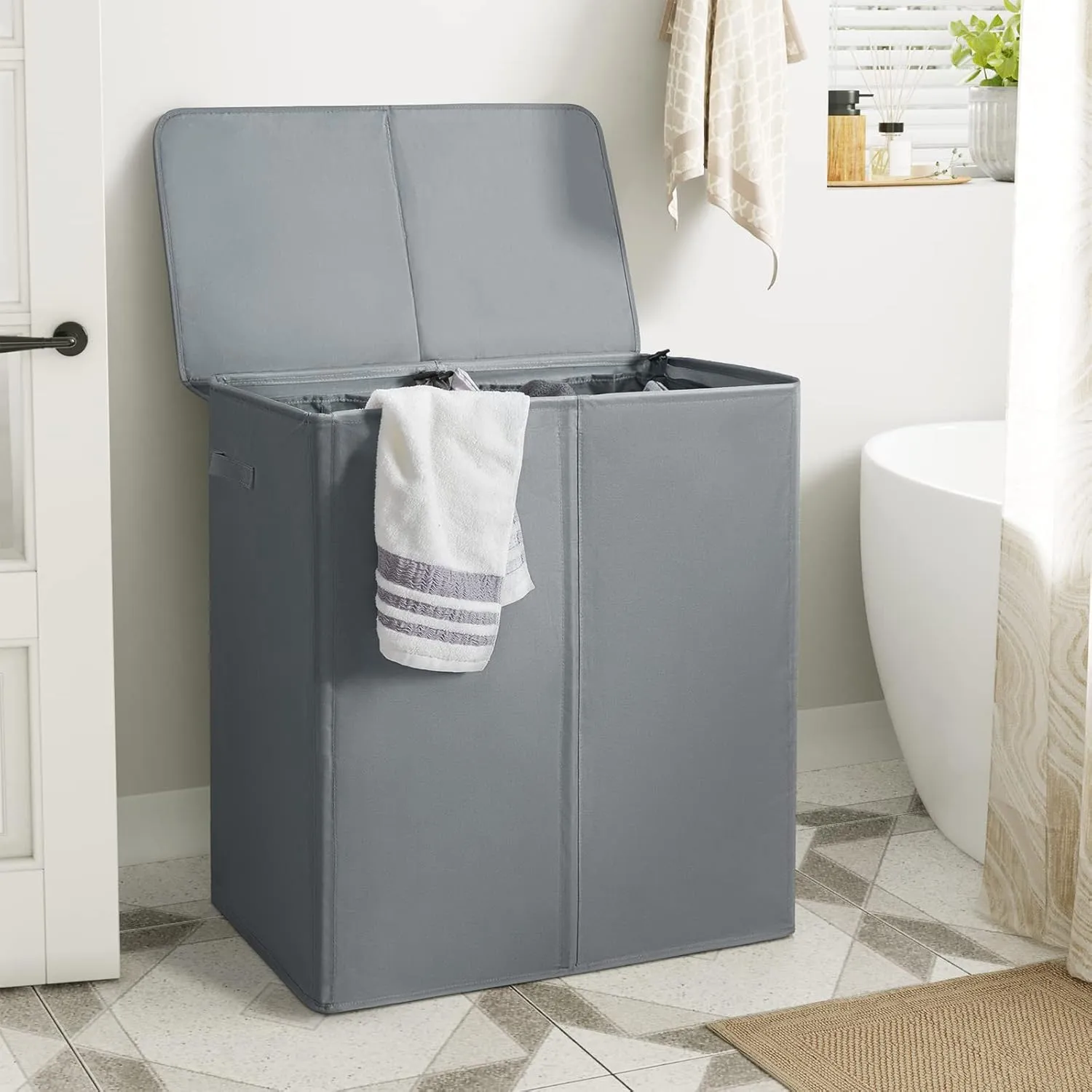 WOWLIVE 154L Double Laundry Hamper with Lid and Removable Laundry Bags, Large Dirty Clothes Hamper 2 section Collapsible Laundry Basket Dorm Room Storage for Bedroom, Bathroom, College,Grey