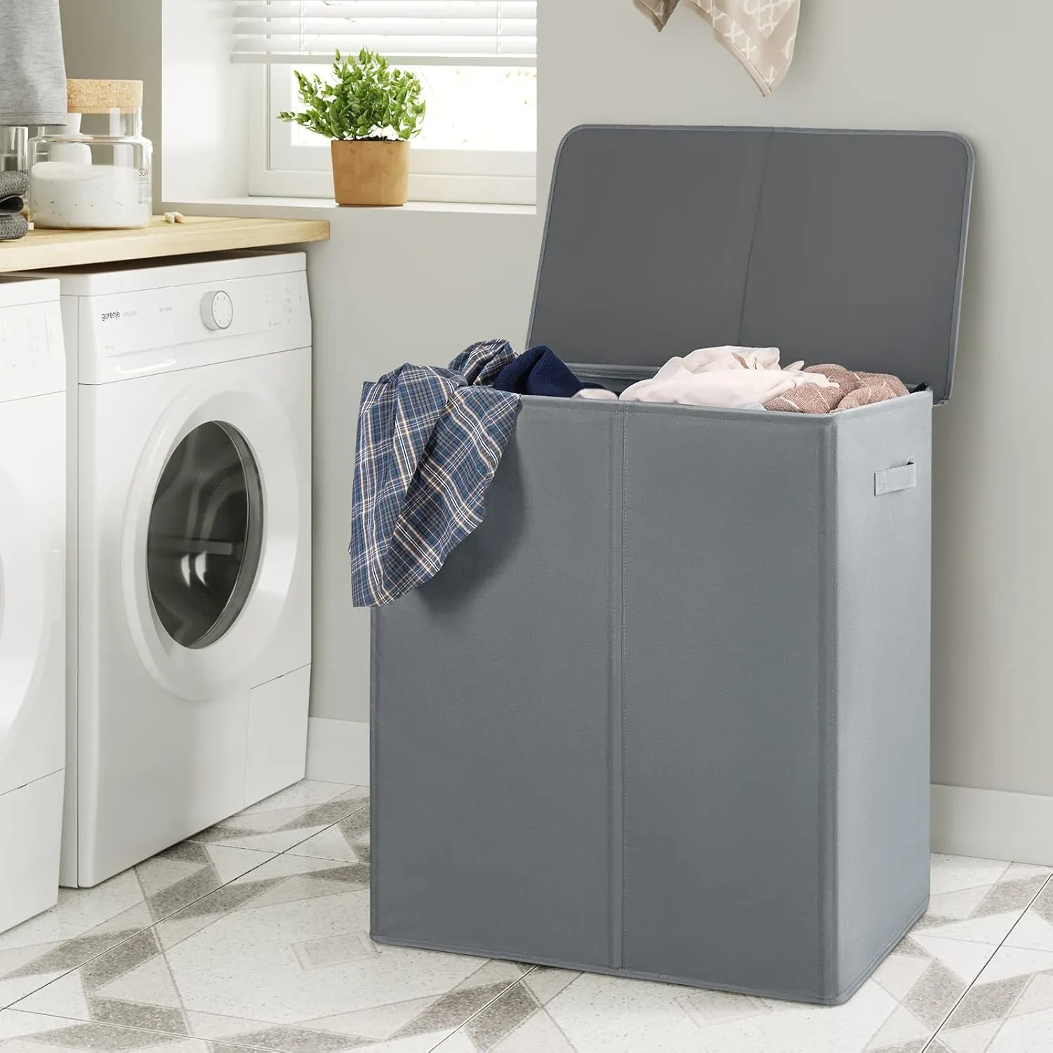 WOWLIVE 154L Double Laundry Hamper with Lid and Removable Laundry Bags, Large Dirty Clothes Hamper 2 section Collapsible Laundry Basket Dorm Room Storage for Bedroom, Bathroom, College,Grey
