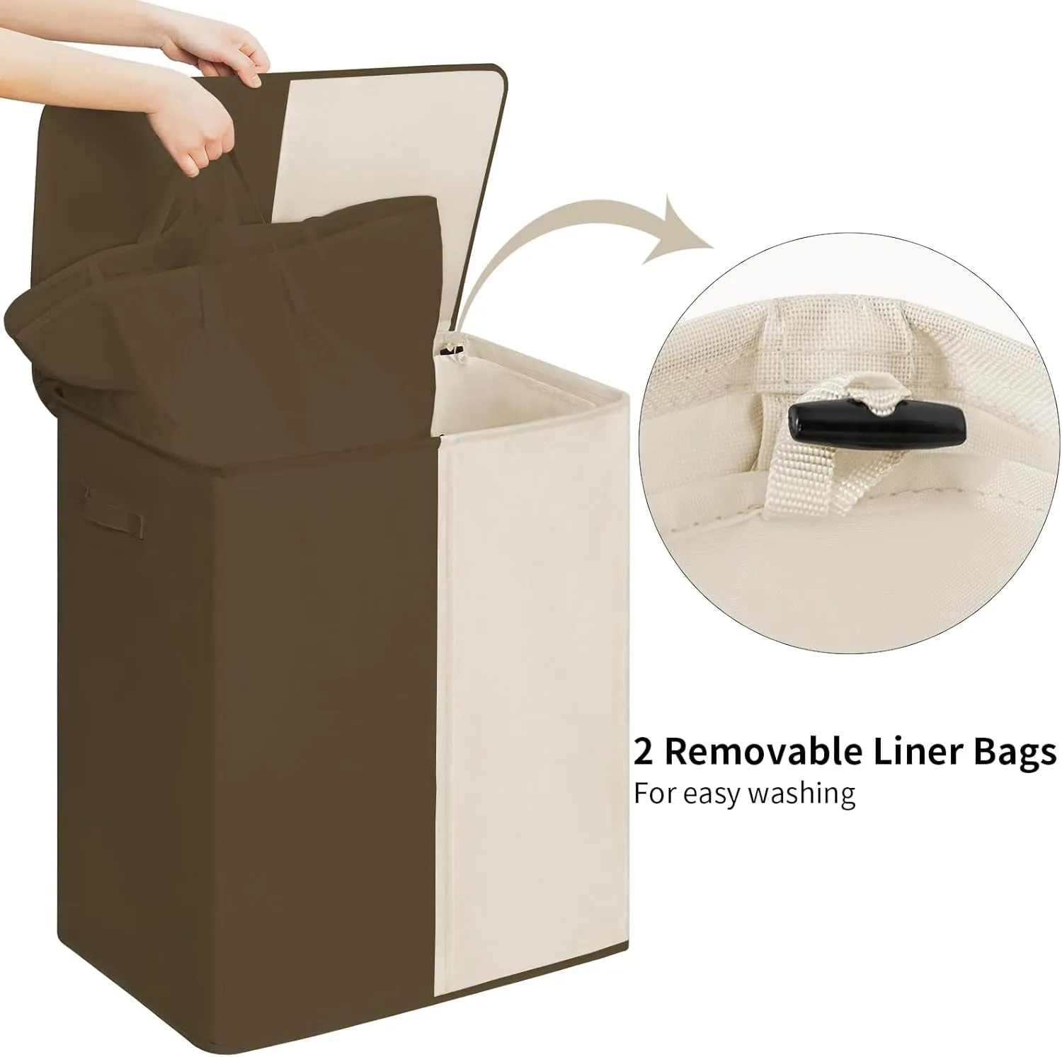 WOWLIVE Double Laundry Baseket with Lid and Removable Laundry Bags,154L Large Laundry Hamper 2 Section Collapsible Dirty Clothes Hamper for Laundry Room,College Dorm,Bathroom,Brown and Beige