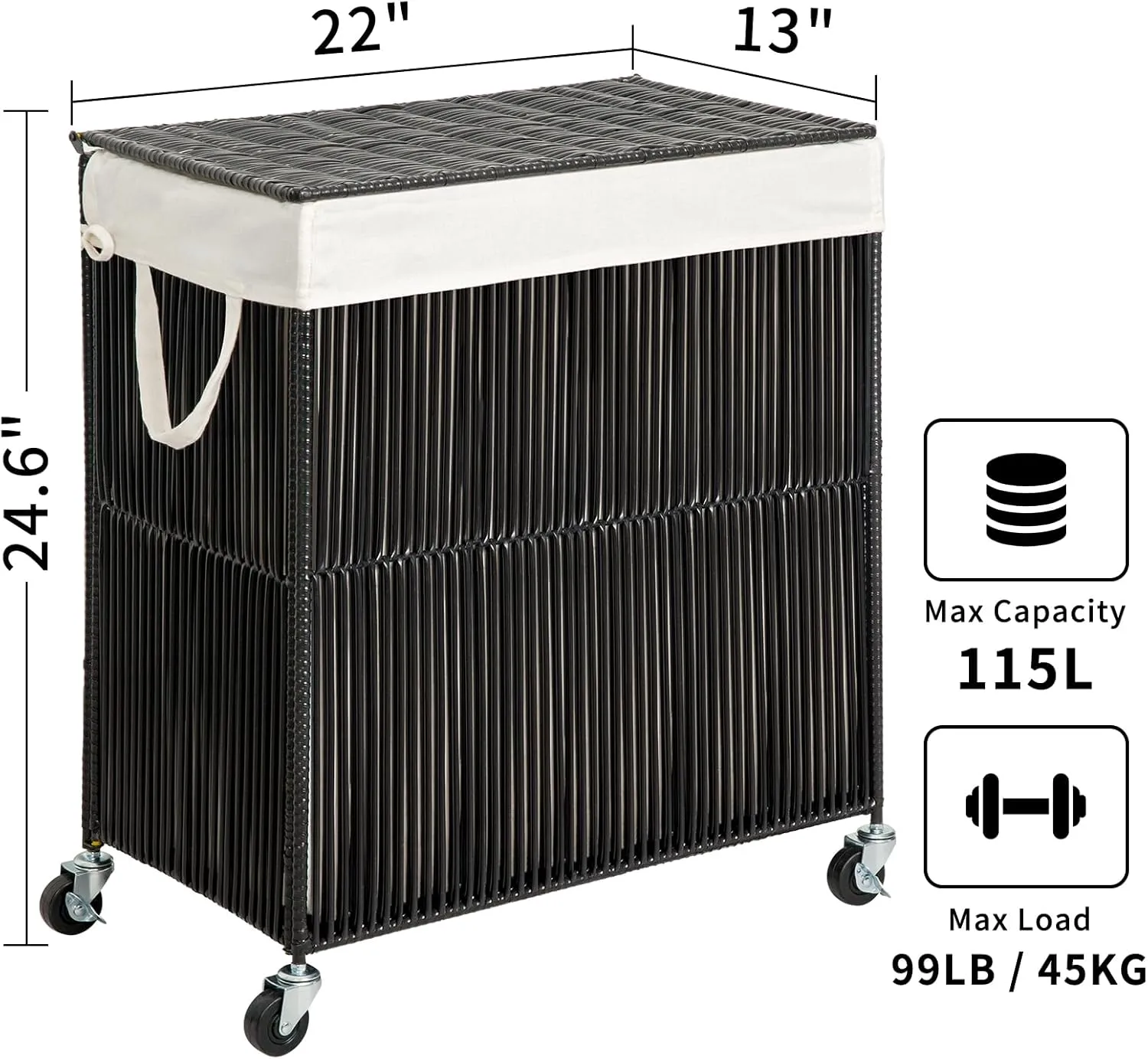 WOWLIVE Laundry Hamper with Wheels, Handwoven Rolling Laundry Basket with Lid, Clothes Hamper with Divided Removable Liner Bag, 115L Large Capacity Laundry Sorter Laundry Room Organization, Black