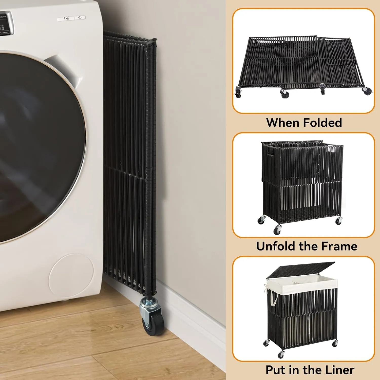 WOWLIVE Laundry Hamper with Wheels, Handwoven Rolling Laundry Basket with Lid, Clothes Hamper with Divided Removable Liner Bag, 115L Large Capacity Laundry Sorter Laundry Room Organization, Black