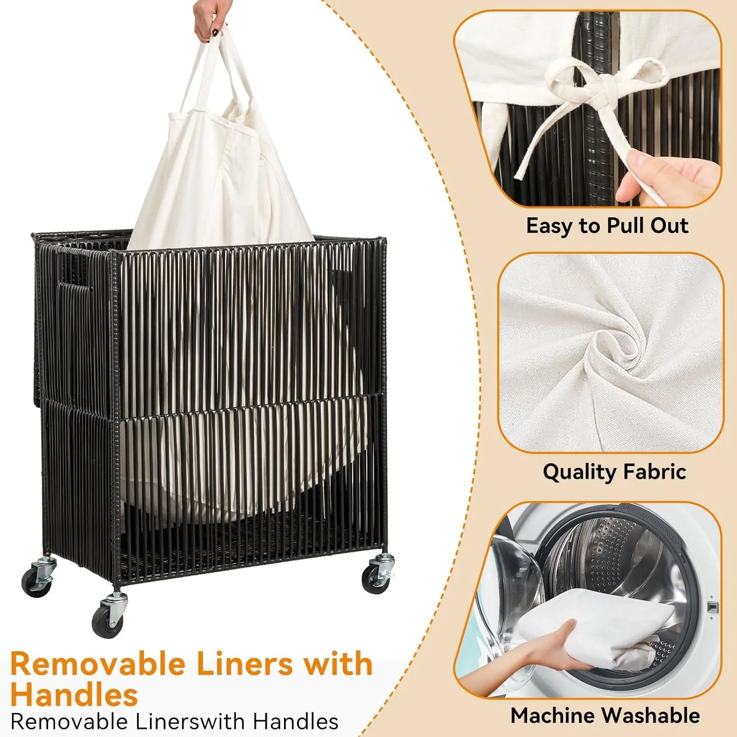 WOWLIVE Laundry Hamper with Wheels, Handwoven Rolling Laundry Basket with Lid, Clothes Hamper with Divided Removable Liner Bag, 115L Large Capacity Laundry Sorter Laundry Room Organization, Black