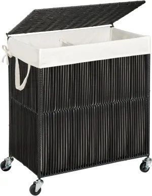 WOWLIVE Laundry Hamper with Wheels, Handwoven Rolling Laundry Basket with Lid, Clothes Hamper with Divided Removable Liner Bag, 115L Large Capacity Laundry Sorter Laundry Room Organization, Black
