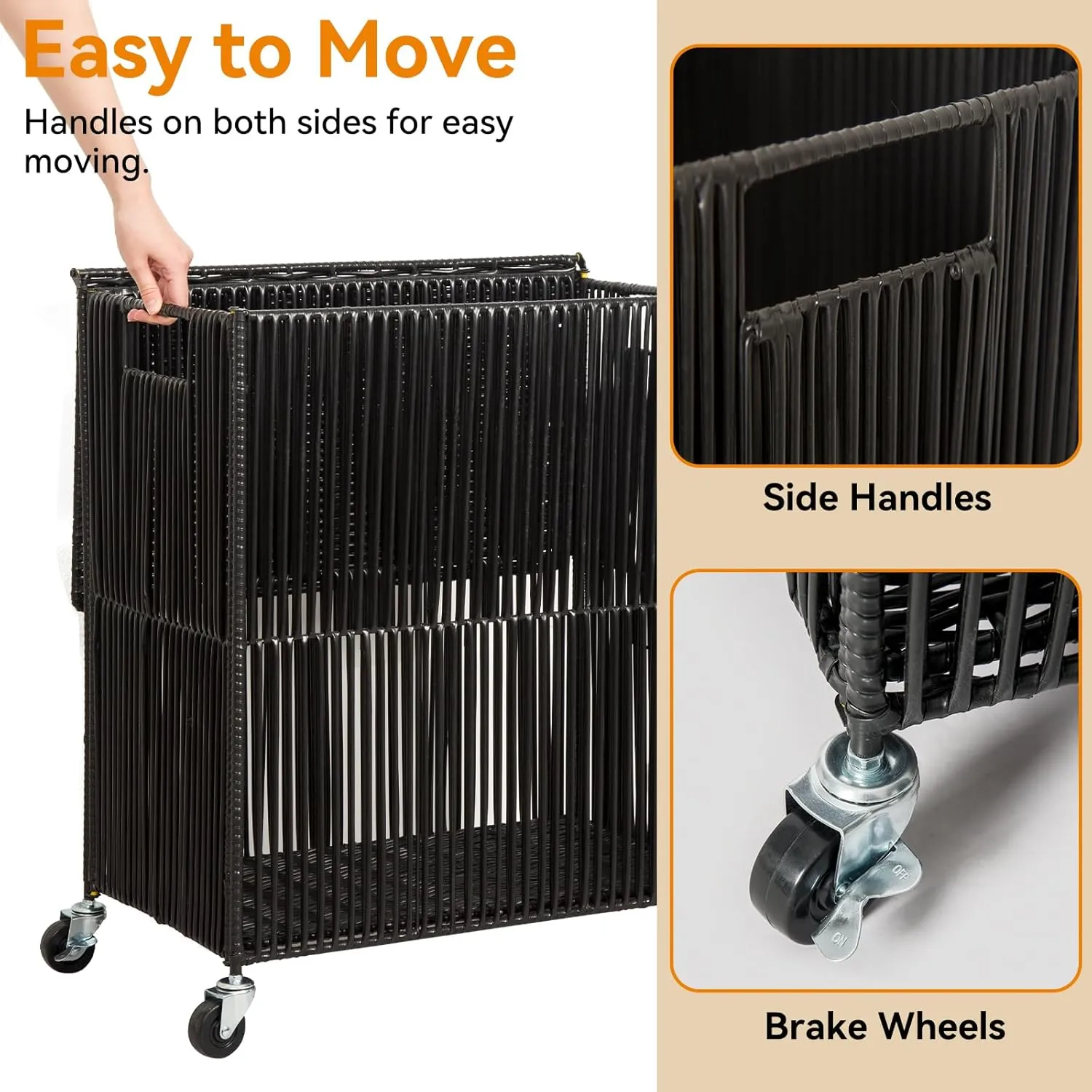 WOWLIVE Laundry Hamper with Wheels, Handwoven Rolling Laundry Basket with Lid, Clothes Hamper with Divided Removable Liner Bag, 115L Large Capacity Laundry Sorter Laundry Room Organization, Black
