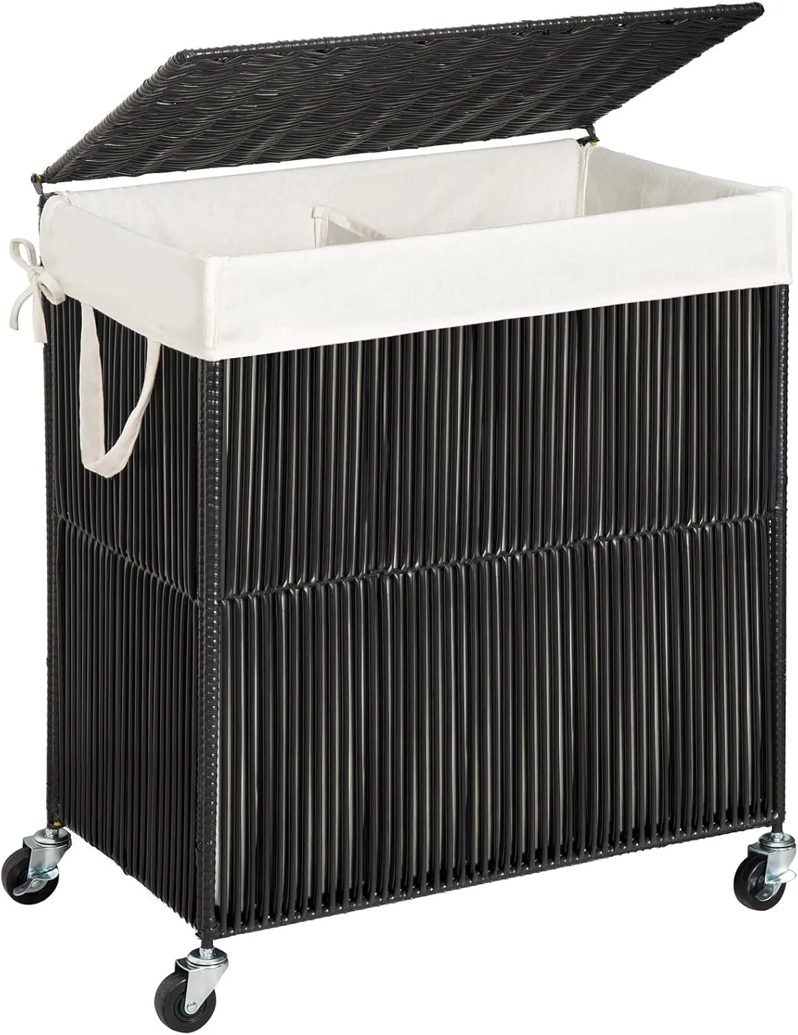 WOWLIVE Laundry Hamper with Wheels, Handwoven Rolling Laundry Basket with Lid, Clothes Hamper with Divided Removable Liner Bag, 115L Large Capacity Laundry Sorter Laundry Room Organization, Black