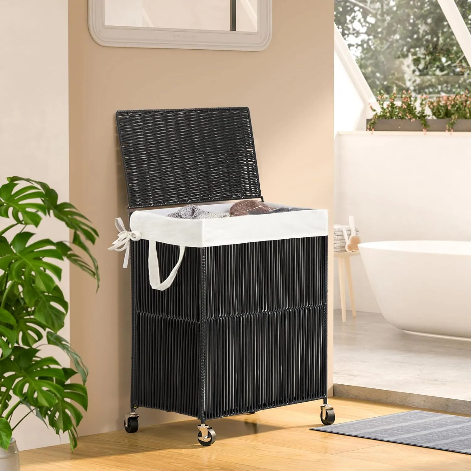 WOWLIVE Laundry Hamper with Wheels, Handwoven Rolling Laundry Basket with Lid, Clothes Hamper with Divided Removable Liner Bag, 115L Large Capacity Laundry Sorter Laundry Room Organization, Black