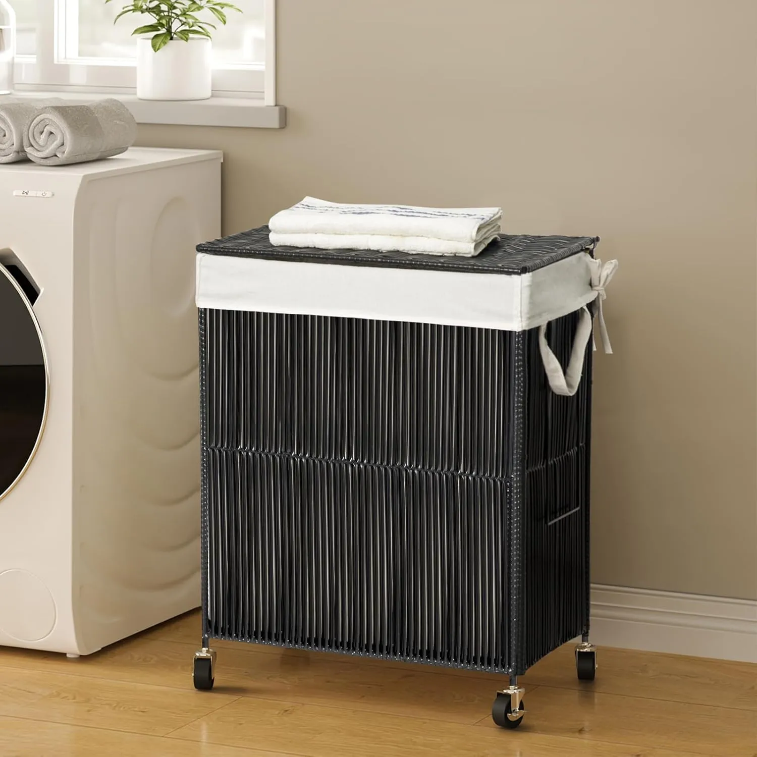 WOWLIVE Laundry Hamper with Wheels, Handwoven Rolling Laundry Basket with Lid, Clothes Hamper with Divided Removable Liner Bag, 115L Large Capacity Laundry Sorter Laundry Room Organization, Black