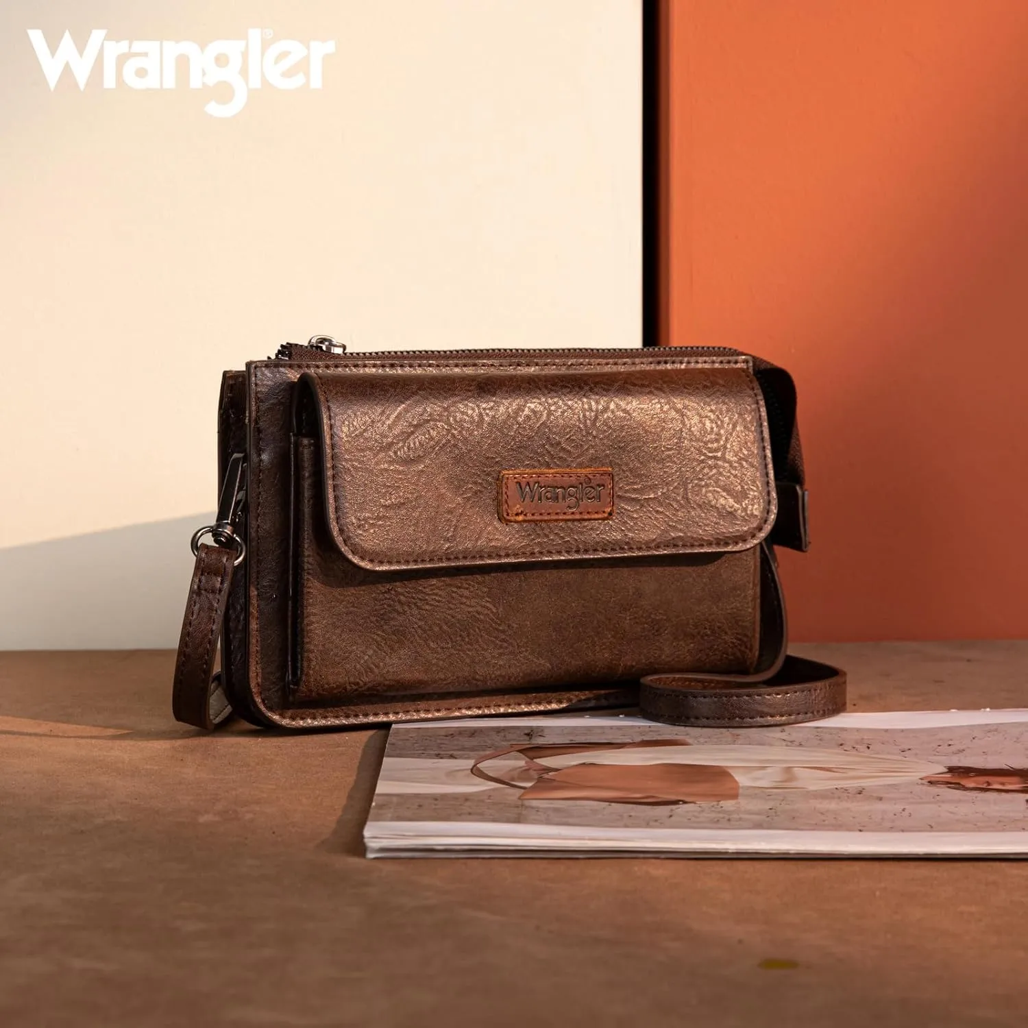 Wrangler RFID Crossbody Wallet Purse Vegan Leather Small Purses for Women with Phone Pocket and Adjustable Strap