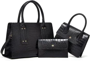 XXGJOALD-Womens 3 Pcs Handbag Set Clutch Crocodile Pattern Purse Fashion Leather Top Handle Tote Satchel Crossbody Bag Wallet