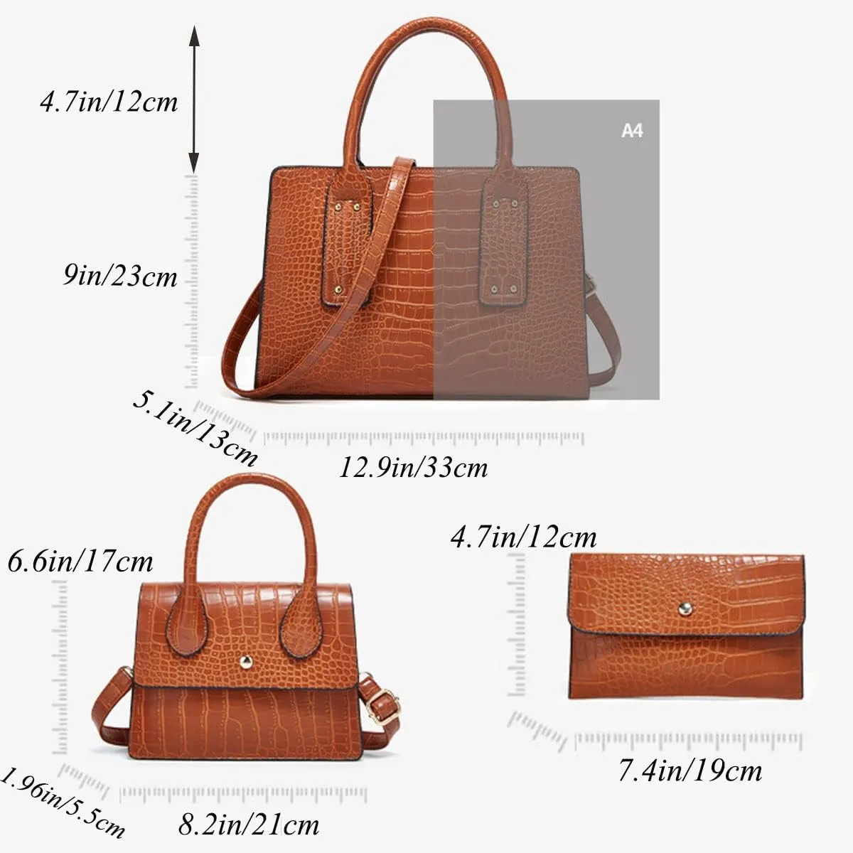 XXGJOALD-Womens 3 Pcs Handbag Set Clutch Crocodile Pattern Purse Fashion Leather Top Handle Tote Satchel Crossbody Bag Wallet