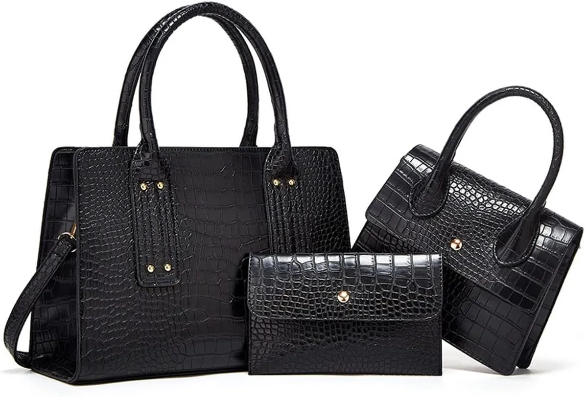 XXGJOALD-Womens 3 Pcs Handbag Set Clutch Crocodile Pattern Purse Fashion Leather Top Handle Tote Satchel Crossbody Bag Wallet