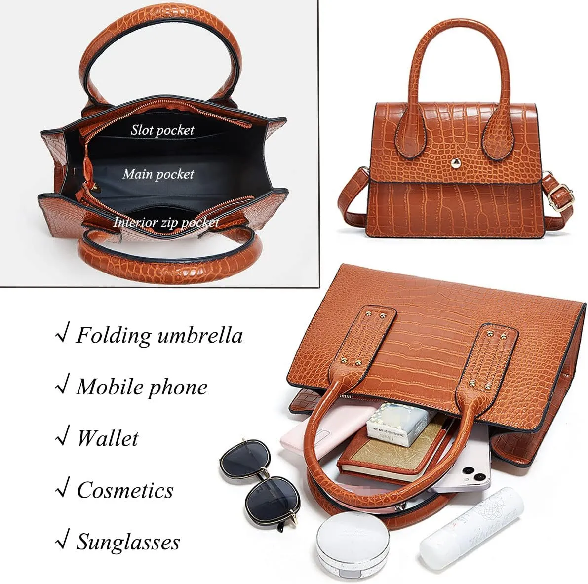 XXGJOALD-Womens 3 Pcs Handbag Set Clutch Crocodile Pattern Purse Fashion Leather Top Handle Tote Satchel Crossbody Bag Wallet