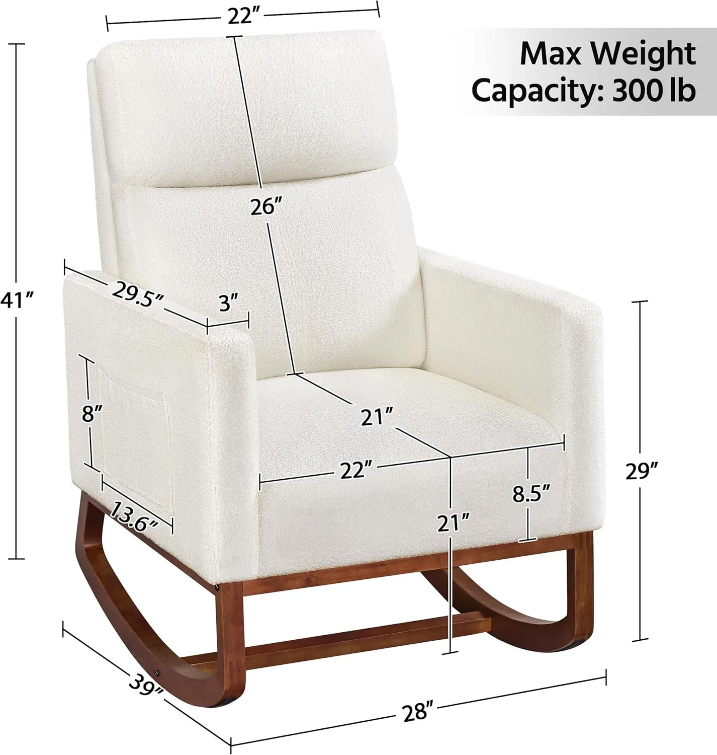 Yaheetech Upholstered Rocking Chair, Boucle Glider Chair Nursery Chair with High Back and Side Pocket, Rocking Accent Armchair with Rubber Wood Legs for Living Room/Bedroom/Nursery, Ivory