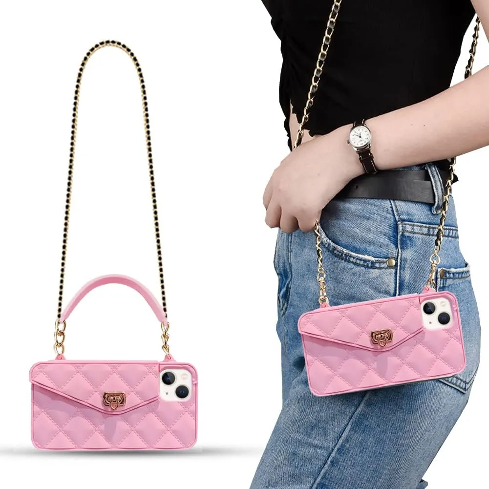 Yatchen Wallet Case for iPhone 16 Pro,Crossbody Phone Case with Lanyard Strap Cute Flip Folio Credit Card Holder Soft Silicone Girls Lady Handbag Cover for iPhone 16 Pro Pink