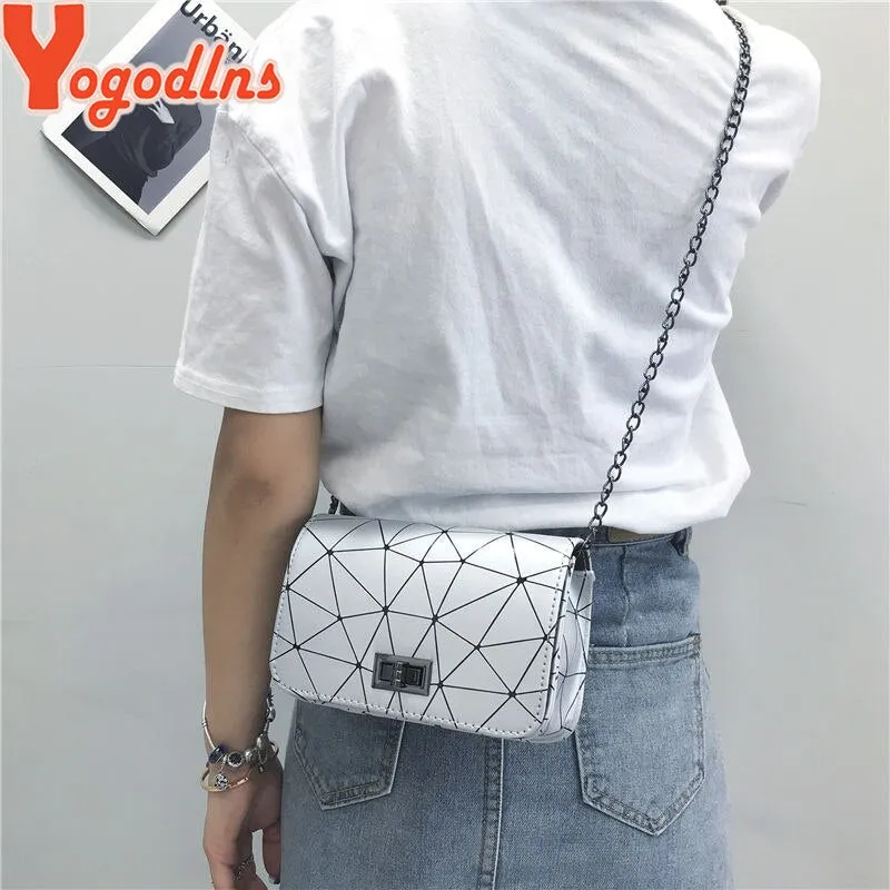 Yogodlns New Fashion Diamond Chain Black Purse Women Shoulder Bag Plaid Lady Mini Crossbody Bag PU Leather Lock Flap Handbag