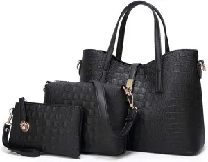 Yohora Women Crocodile Pattern Leather Tote Bag Large Capacity Top Handle Hanbag Crossbody Shoulder Purse Wallet 3pcs Set