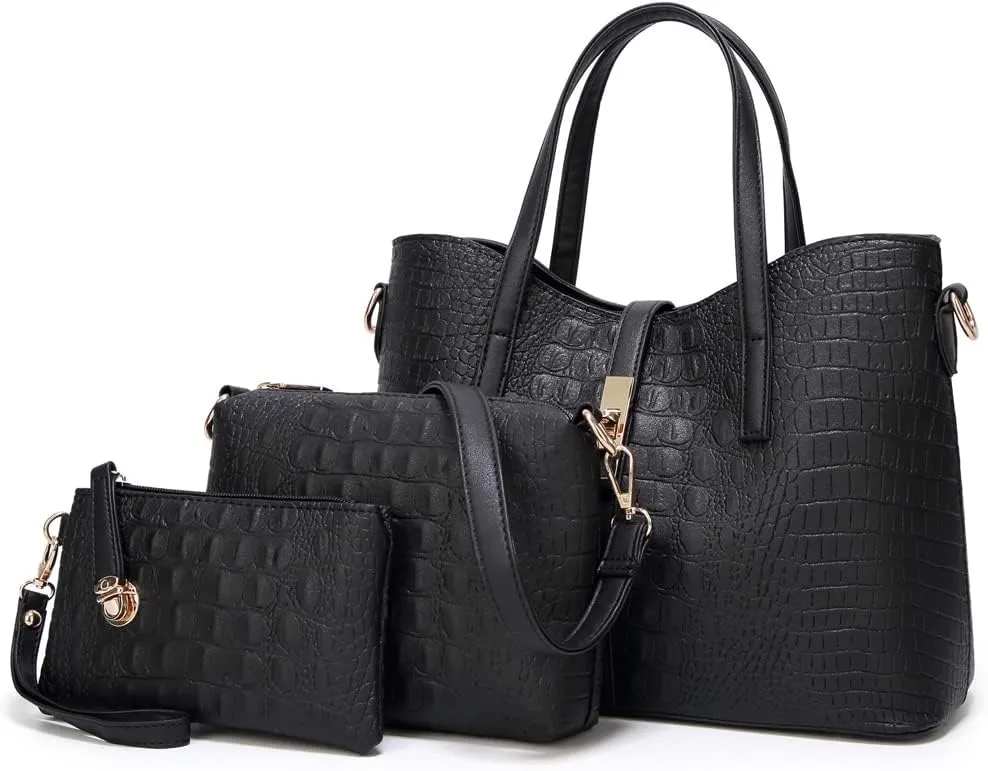 Yohora Women Crocodile Pattern Leather Tote Bag Large Capacity Top Handle Hanbag Crossbody Shoulder Purse Wallet 3pcs Set