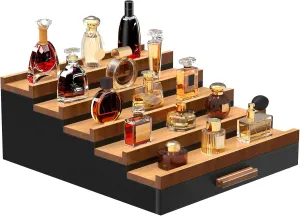 Zalida Wooden Cologne Organizer for Men 5 Tier of Perfume Display Holder of Drawer & 2 Hidden Compartments Larger Storage Space Mens Perfume Organizer Shelf Stand,Gift for Man (5T-Black Walnut)