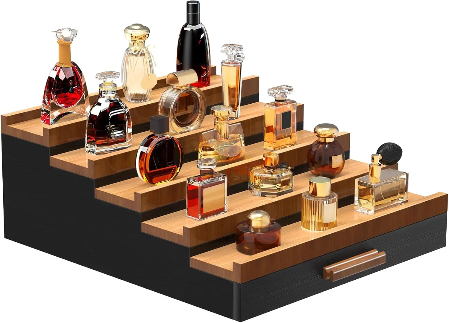 Zalida Wooden Cologne Organizer for Men 5 Tier of Perfume Display Holder of Drawer & 2 Hidden Compartments Larger Storage Space Mens Perfume Organizer Shelf Stand,Gift for Man (5T-Black Walnut)