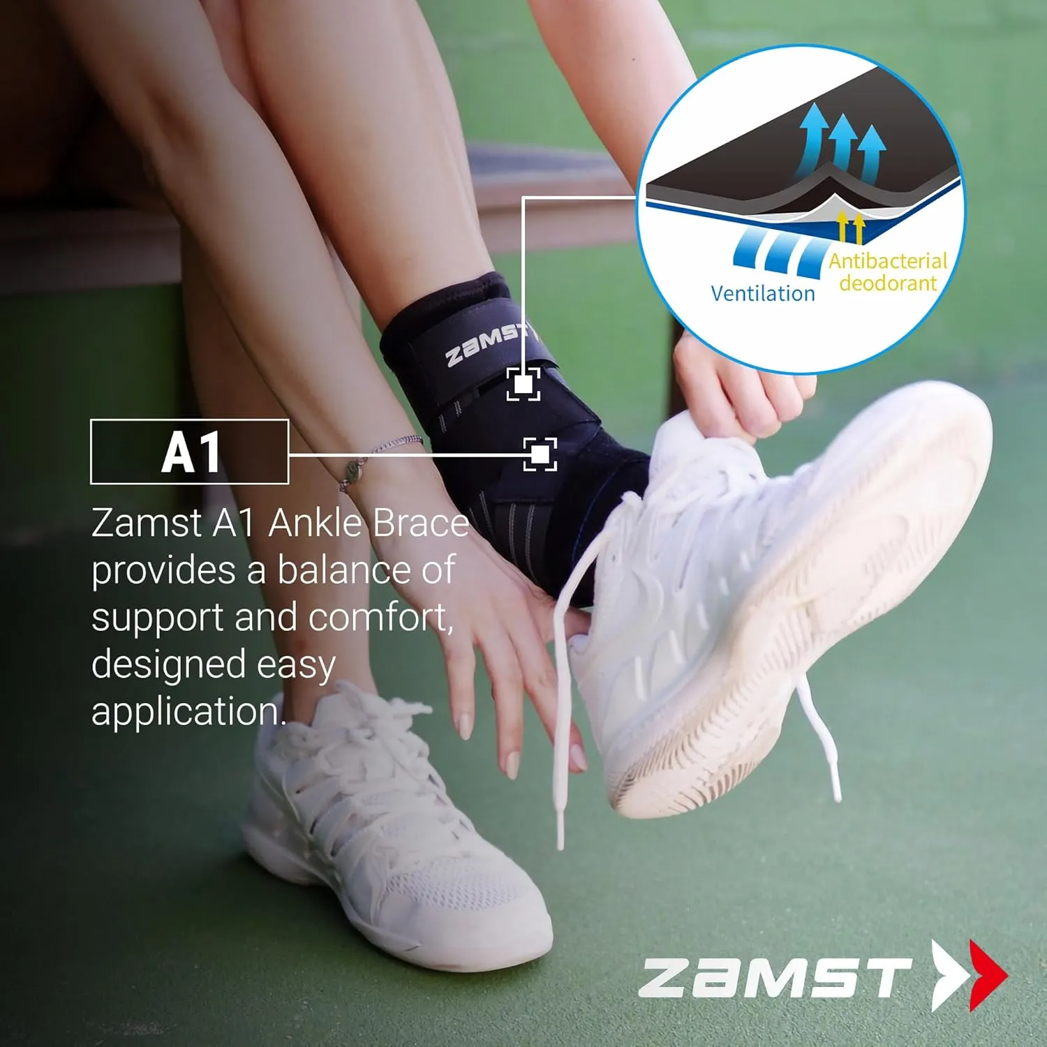 Zamst A1 Black Ankle Brace for Sports - Breathable Sports Ankle Support for Men and Women with Adjustable Three Way Straps for Moderate Lateral Ankle Sprain - Right, Medium