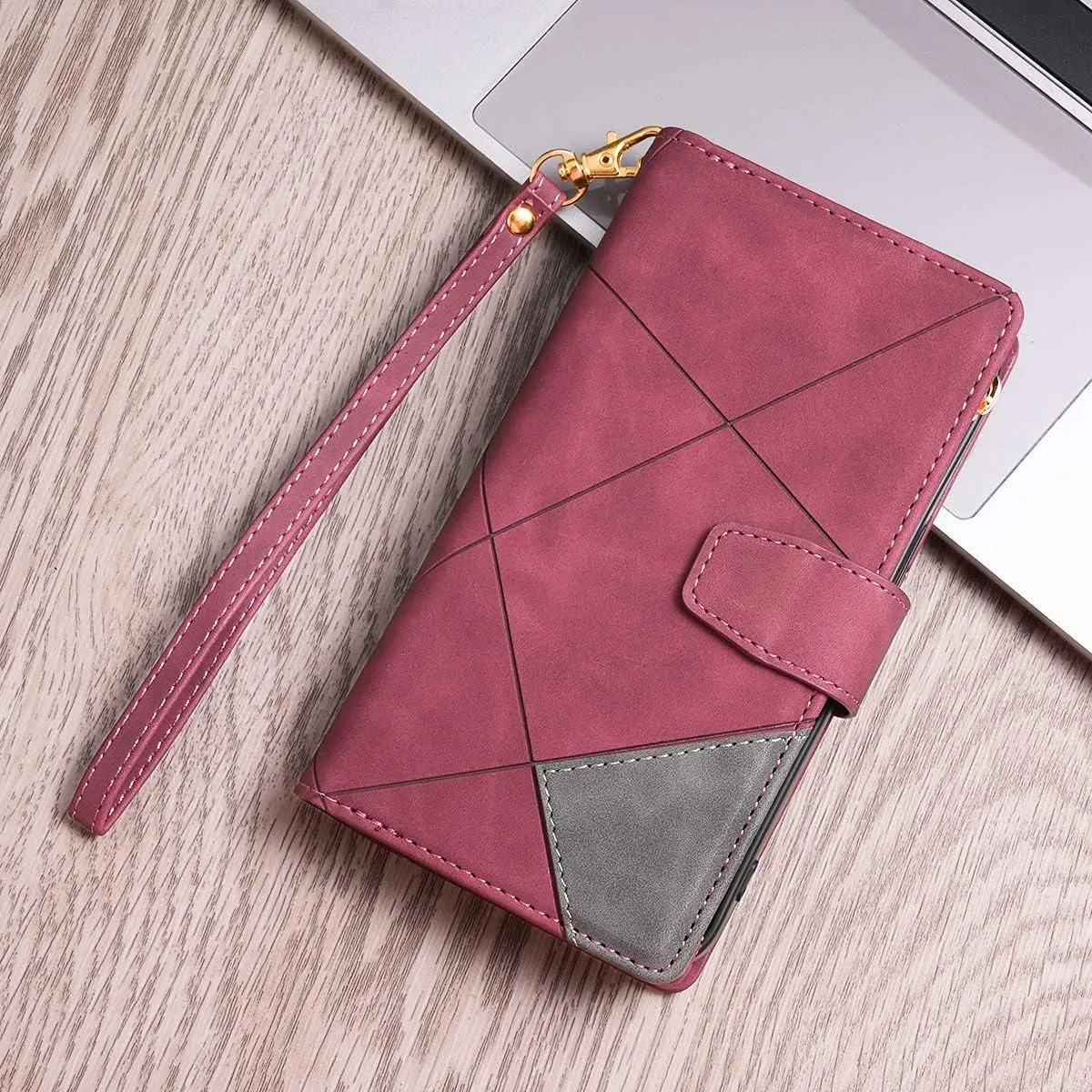 ZCDAYE Wallet Case for iPhone 13 Case with 9 Card Slots Zipper Pocket Handbag Wristlet Folio Flip Cover for iPhone 13-Wine Red