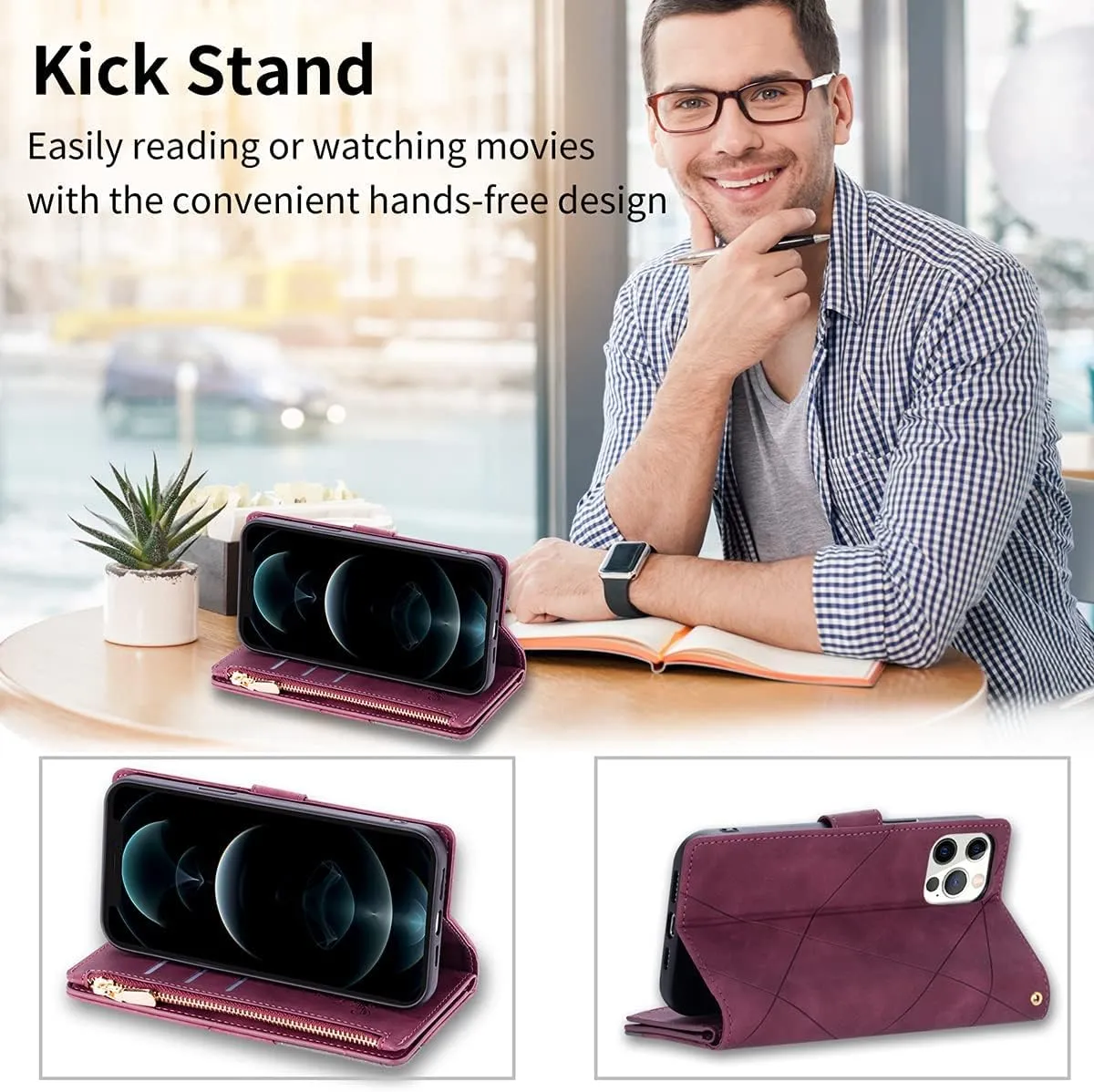 ZCDAYE Wallet Case for iPhone 13 Case with 9 Card Slots Zipper Pocket Handbag Wristlet Folio Flip Cover for iPhone 13-Wine Red