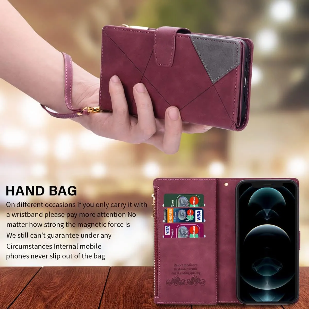 ZCDAYE Wallet Case for iPhone 13 Case with 9 Card Slots Zipper Pocket Handbag Wristlet Folio Flip Cover for iPhone 13-Wine Red