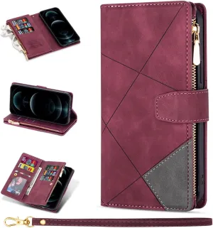 ZCDAYE Wallet Case for iPhone 13 Case with 9 Card Slots Zipper Pocket Handbag Wristlet Folio Flip Cover for iPhone 13-Wine Red