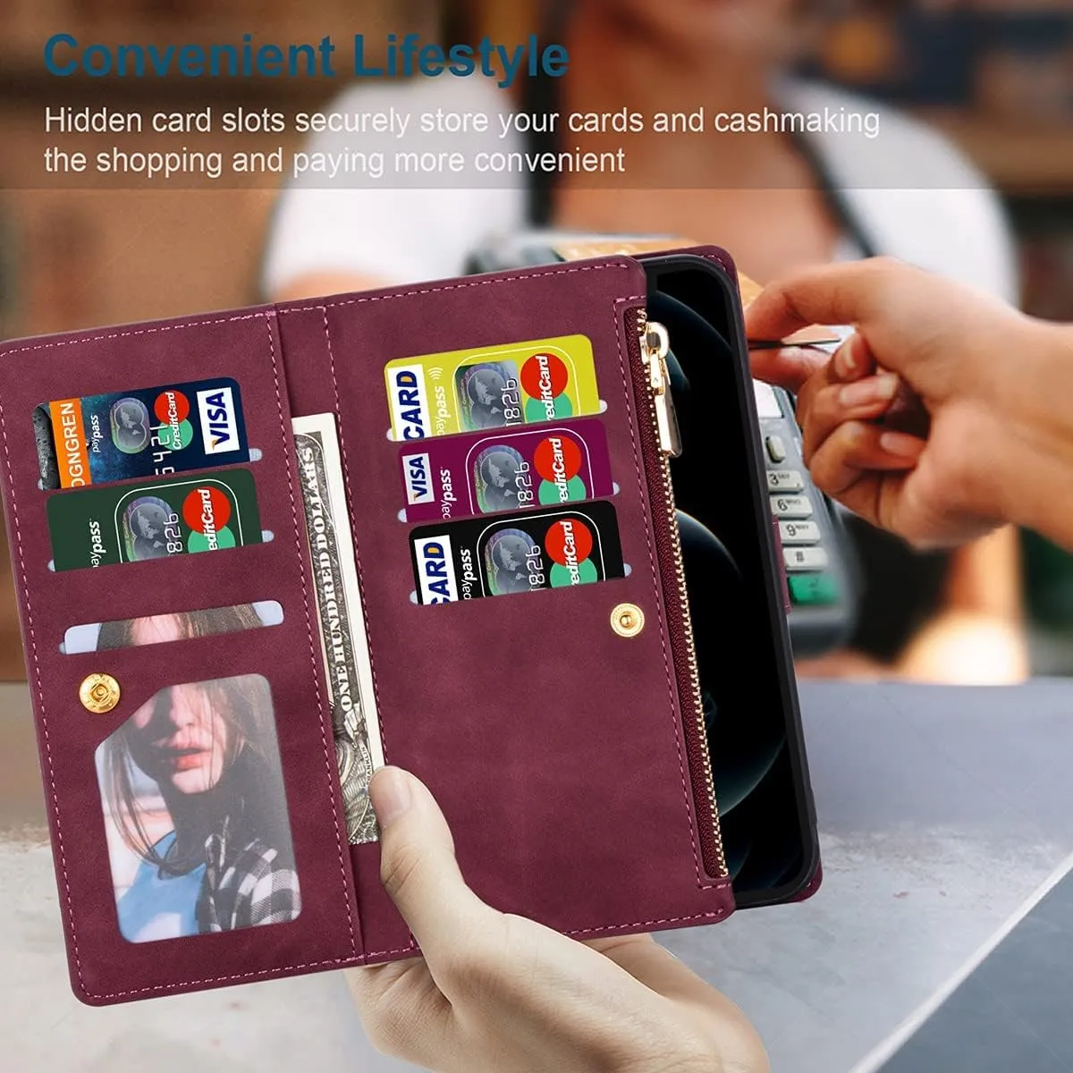 ZCDAYE Wallet Case for iPhone 13 Case with 9 Card Slots Zipper Pocket Handbag Wristlet Folio Flip Cover for iPhone 13-Wine Red