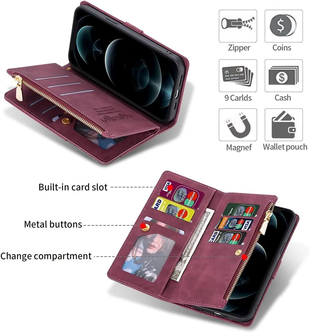 ZCDAYE Wallet Case for iPhone 13 Case with 9 Card Slots Zipper Pocket Handbag Wristlet Folio Flip Cover for iPhone 13-Wine Red
