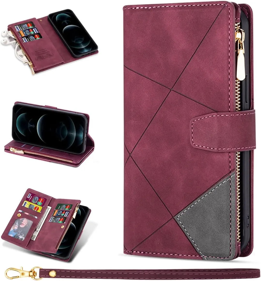 ZCDAYE Wallet Case for iPhone 13 Case with 9 Card Slots Zipper Pocket Handbag Wristlet Folio Flip Cover for iPhone 13-Wine Red